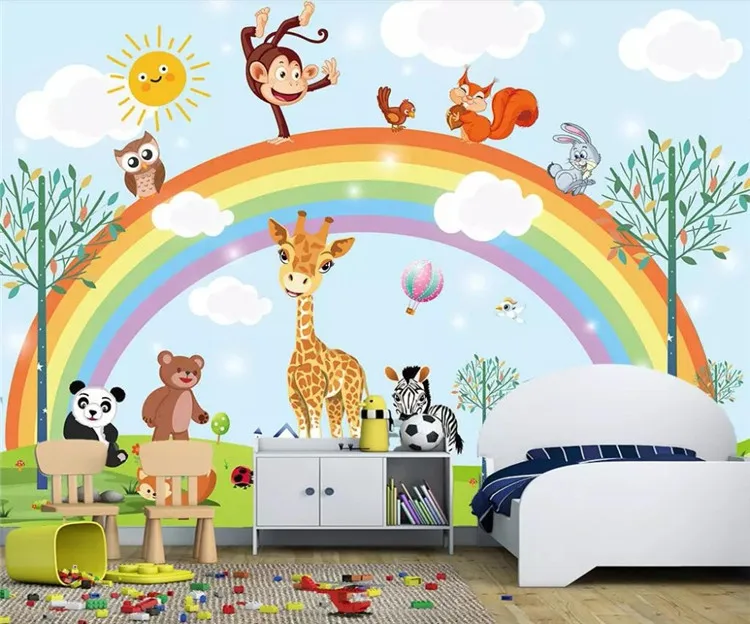 

Mural wallpaper hand drawn cartoon animal rainbow children room background wall furniture decoration 3d wallpaper