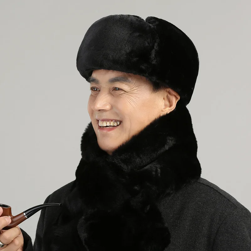 Шапка-бомбер из воловьей кожи; зимняя шапка из натуральной кожи; утолщенный теплый шарф для пожилых людей среднего возраста; мужские шапки с защитой от ушей; H7146