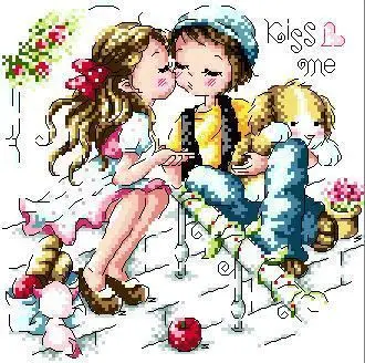 CS-2842 Cross Stitch Kit Kiss Me Love Korean Cuties Little Girl and Boy SO