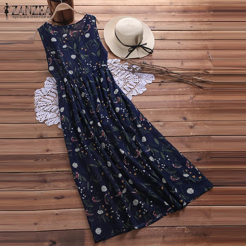 

2019 ZANZEA Summer Women Casual Elegant O Neck Sleeveless High Waist Floral Print Work Long Pleated Vestido Vest Tank Dress
