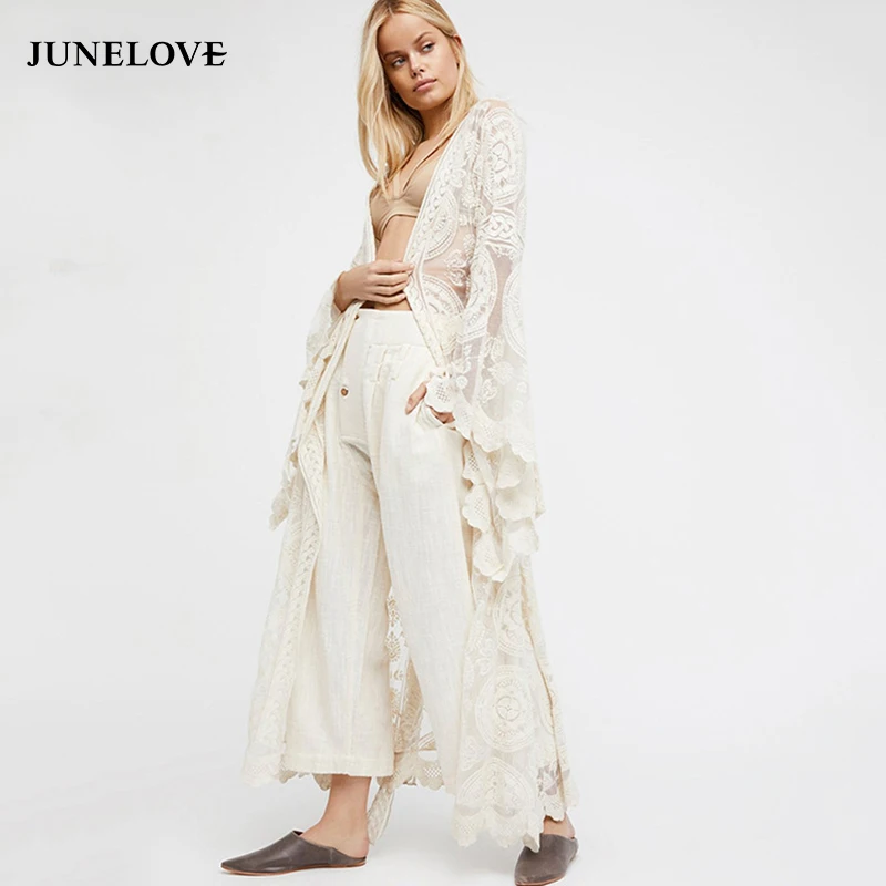 

JuneLove Women Lace Shawl long Perspective Cover Up Beachwear perspective cardigan beach Sexy Long Kimono Boho Blouse Shirts