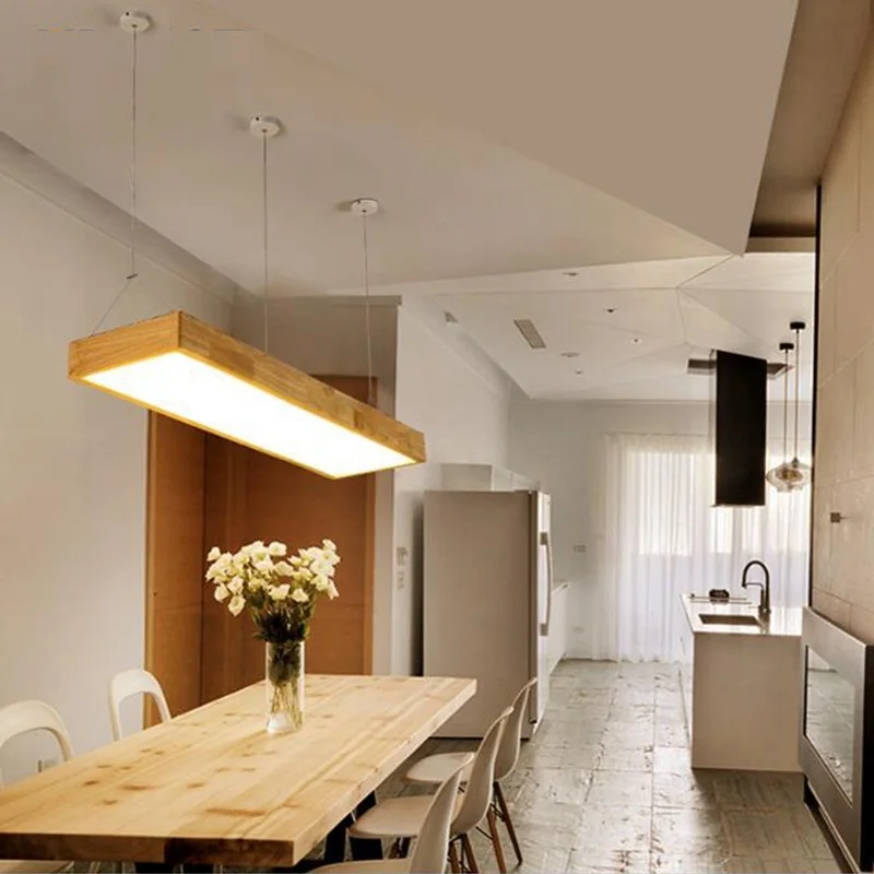 W-D1396 LukLoy Pendant Lights, Natural Wood Modern Rectangular Long Pendant Lamp Lights Hotel Hall Shop Commercial Study Room Light,  (1)s
