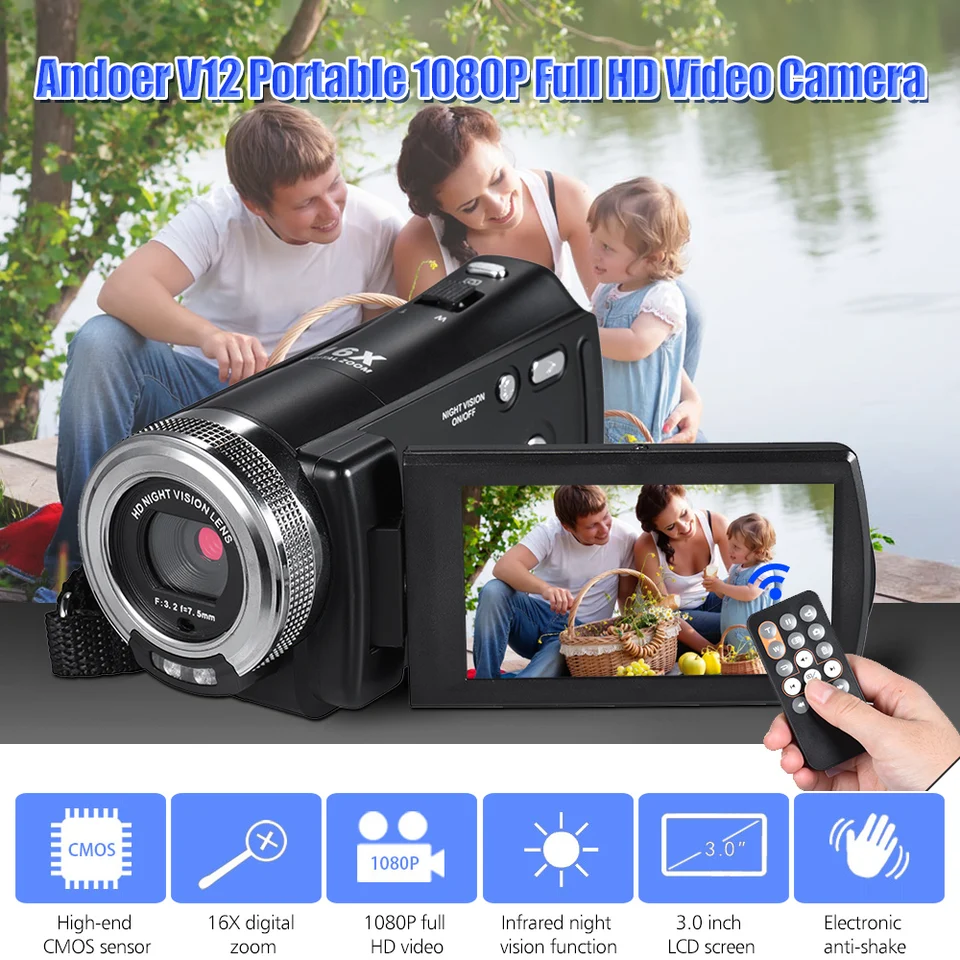 Andoer V12 1080P kamera wideo Full HD 16-krotny Zoom cyfrowy przenośna kamera noktowizyjna wykrywanie twarzy kamera wideo - AliExpress Andoer V12 1080P kamera wideo Full HD 16-krotny Zoom cyfrowy przenośna kamera noktowizyjna wykrywanie twarzy kamera wideo - AliExpress