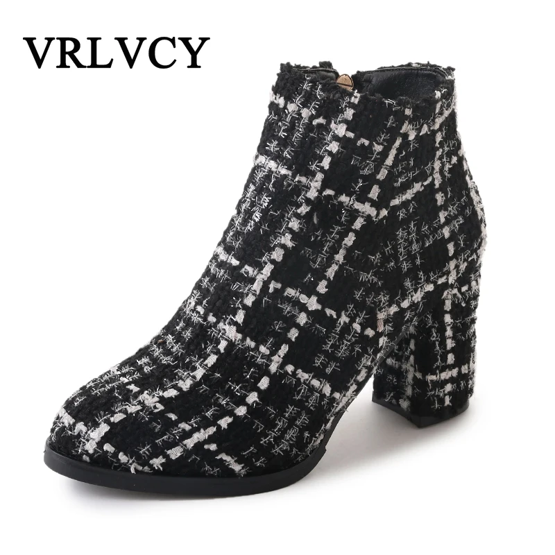 

New fashion autumn new product pointed thick with tartan cloth with ankle boots thin Martin boots