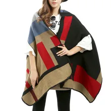 Women Autumn Winter Pashmina Imitated Cashmere Scarf Thicken Capes Plaid Scarves Long Women Shawl Poncho Feminino Inverno 012