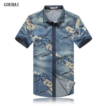 

GOUHAI 2019 New Arrival Men Denim Shirt Mens Floral Shirts M-4XL 5XL Plus Size Mens Dress Shirts Luxury Short Sleeve Shirt Men