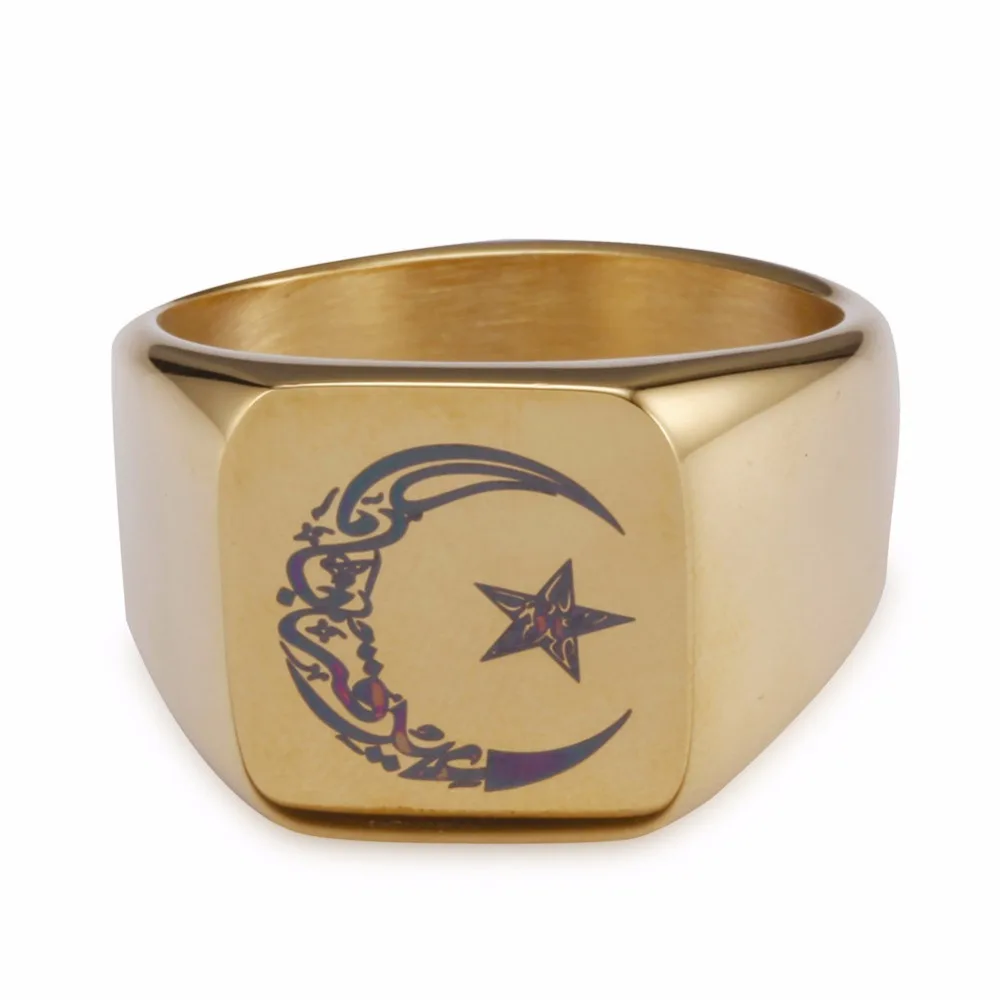 Anello musulmano in acciaio inossidabile per uomo Islam Moon Star Anello color oro e argento Lotto all'ingrosso di gioielli - immagine 2