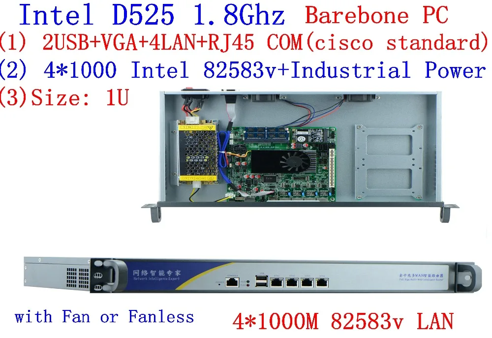 1U сервер брандмауэра Atom D525 двухъядерный 1 8 GHz 4 * Intel 82538V 1000M Поддержка pfSense WayOS IPFire и