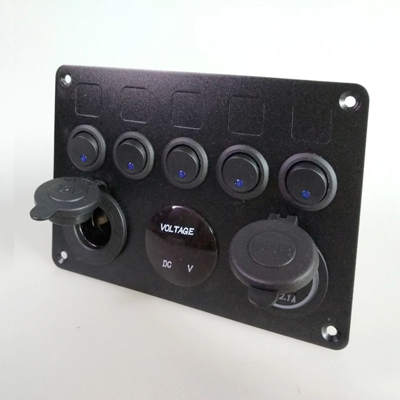 Caixa de Fusível Inline Gang Azul Rocker Switch Painel Voltímetro Dupla Usb Carregador Tomada 12 v 24 Veículo Iate Navio Carro Barco Marinho 5 Led 10 Caixa de fusível inline 5 gang azul