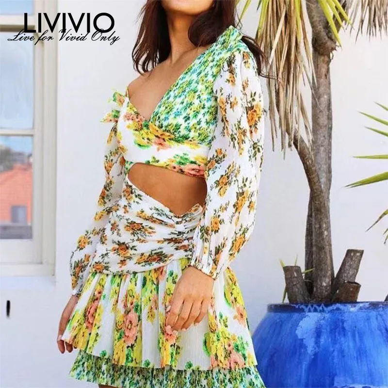 

[LIVIVIO] Off Shoulder Hollow Out Women's Dresses Lantern Sleeve Hit Colors Print Female Fashion 2019 summer beach dress