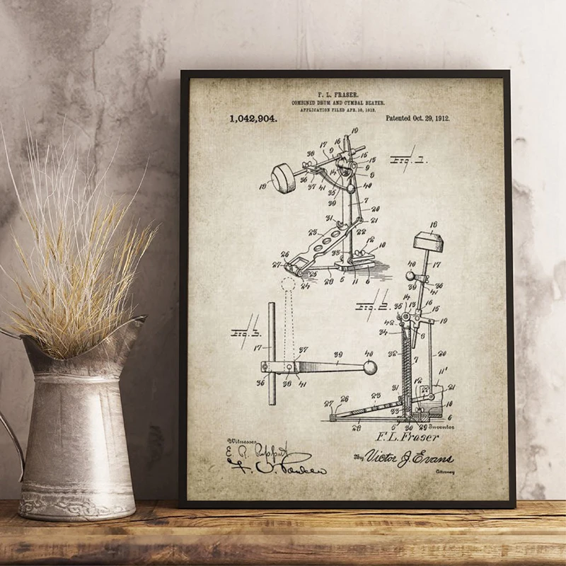 Набор барабанов патент старинные плакаты печать барабанная палочка музыка тарелки барабан дизайн стены искусства холст картины барабанщик идея подарка