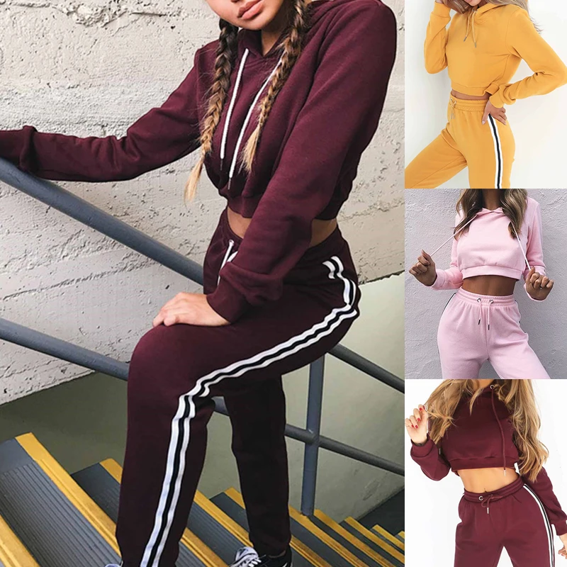 Women's Hooded Crop Tops Sweatshirt Long Pants Trousers Casual Clothing Suit New