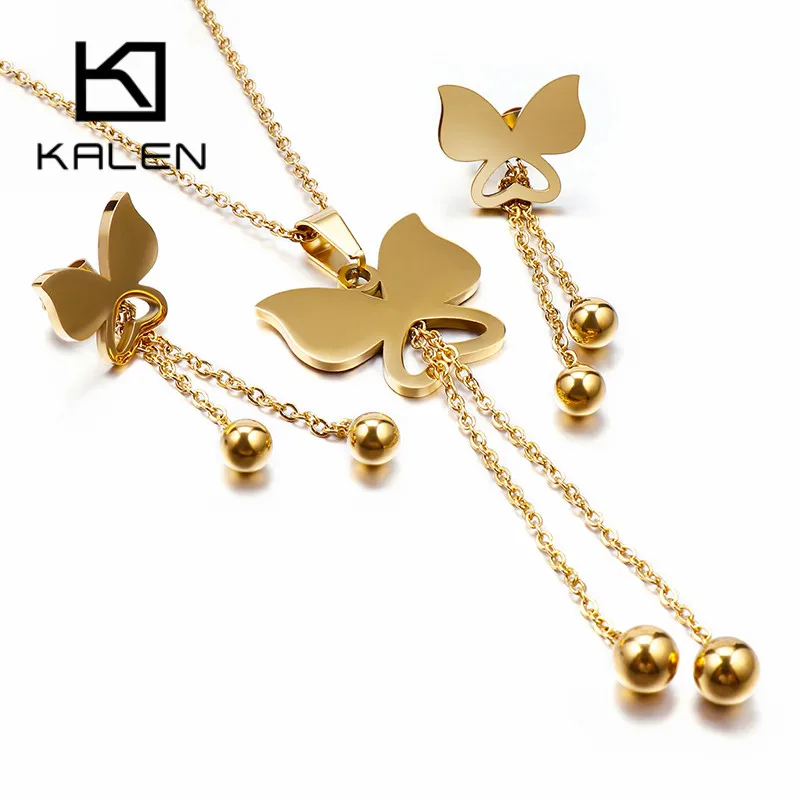 

Kalen Stainless Steel Long Chain Necklaces Earrings Sets For Women Butterful Heart Ball Zircon Women Engagement Jewelry Sets