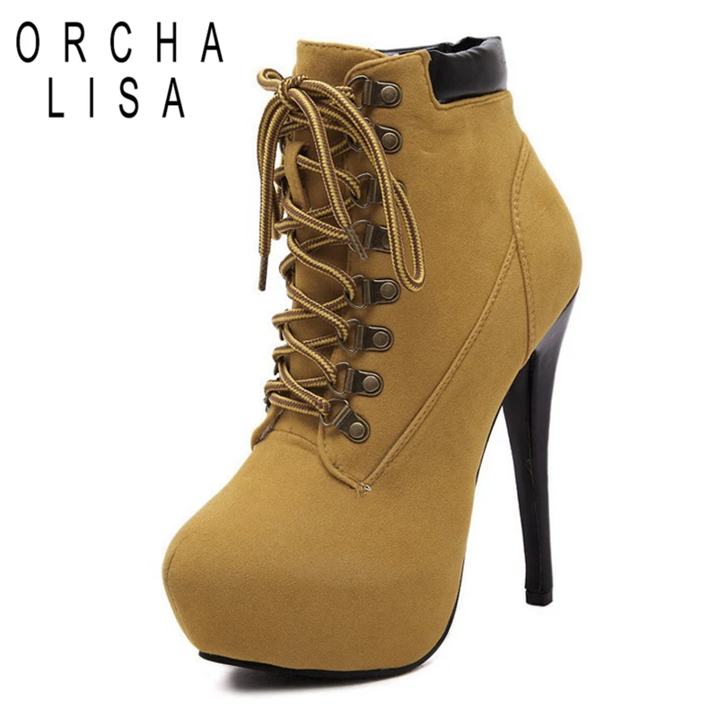 

ORCHA LISA Flock Ankle Boots for Women Round Toe Platform Lace-Up Spring Super High Thin Heel Boots Female Botas Feminina C776