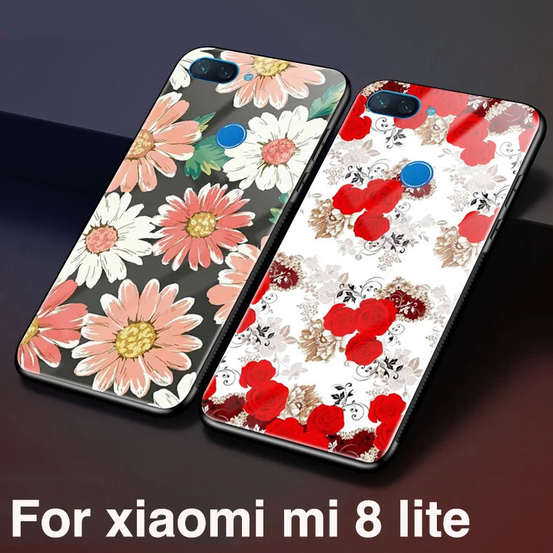 6.26&quot For xiaomi mi 8 lite Case flowers Glossy Tempered Glass Hard Back Phone Cover 8lite mi8lite funda coque capa | Мобильные