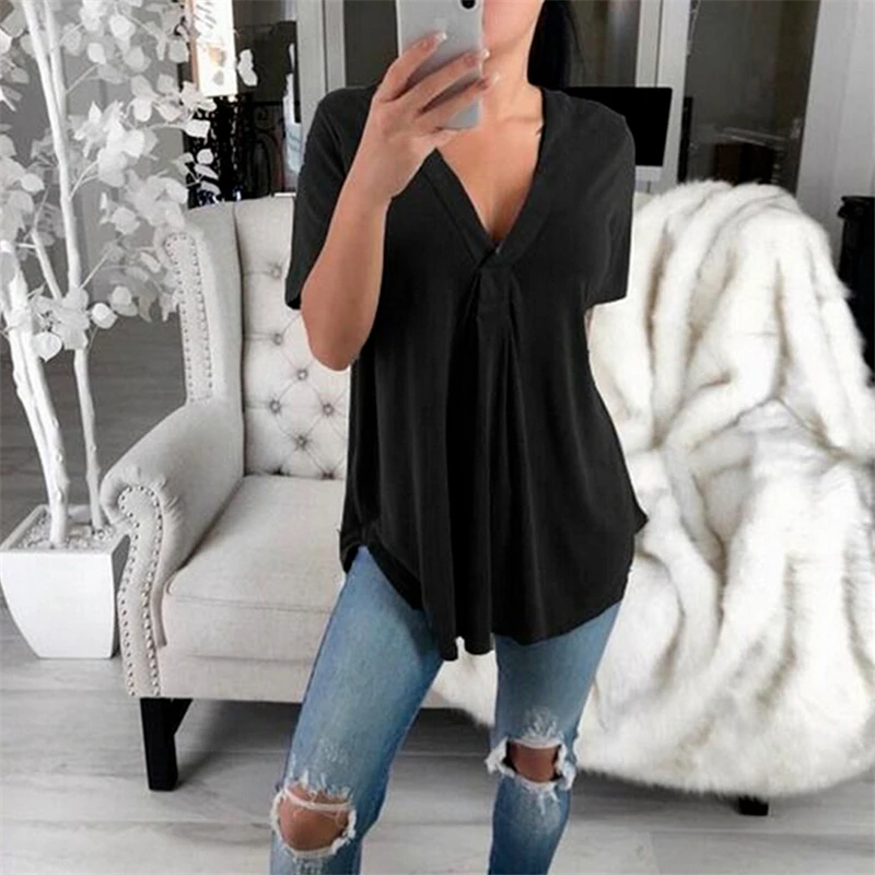 Women Blouses Summer Tops Sexy V Neck Blouse Shirt Solid Color Tops Casual Loose Blouse Plus Size Ladies Blouses Women Tees