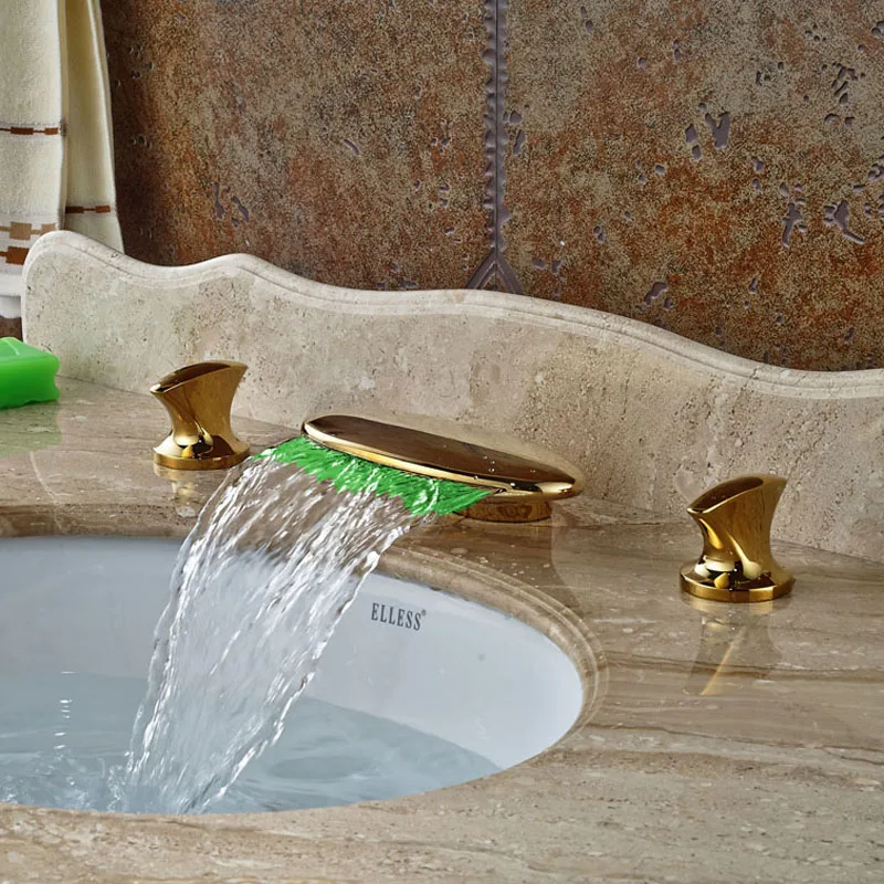 

Gold Polished 3pcs Deck Mounted Bathtub Mixer Tap 3 Holes Faucet With LED Spout