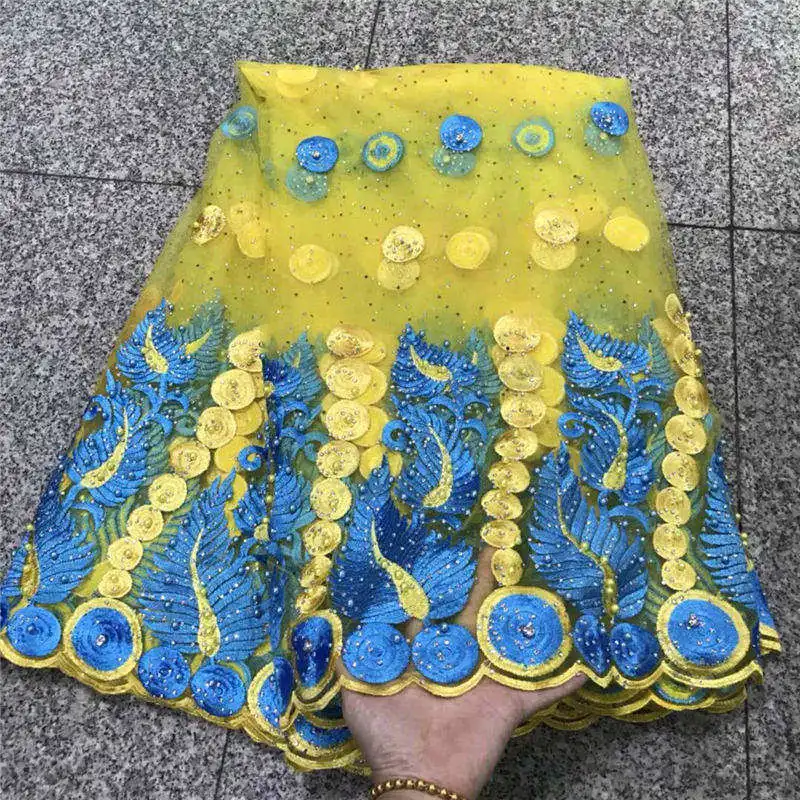

African net lace fabric high quality african tulle lace with stones yellow blue tulle net lace fabric mesh fabric