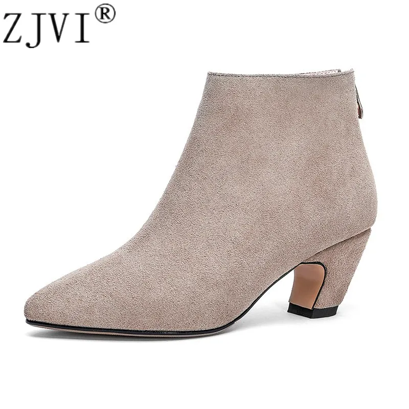 

ZJVI womens suede genuine leather pointed toe ankle boots women winter autumn mid heels boots 2019 woman ladies nubuck shoes