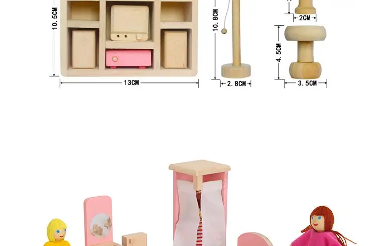 6 rooms children whole set wood pink furniture doll house toys/ Kids girls birthday gifts of wooden kitchen bathroom bedroom toy