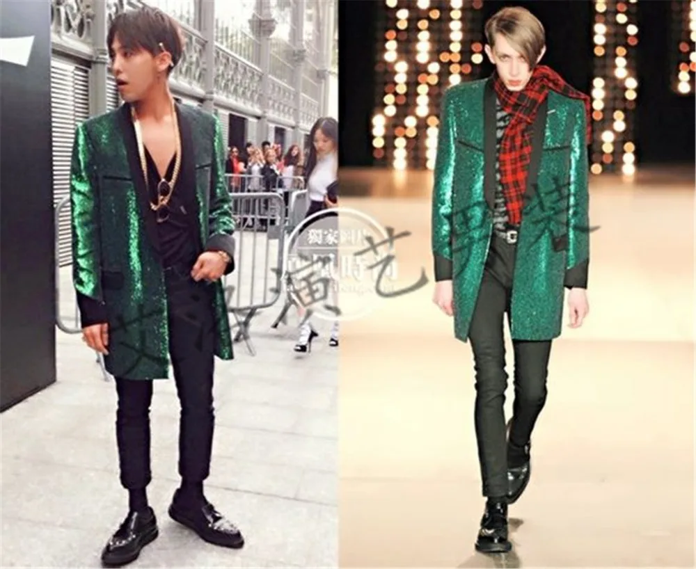Новый BIGBANG "bang" GD чжи-long право в том же пункте Подиум сценические костюмы Для мужчин тонкий зеленый блестками куртка