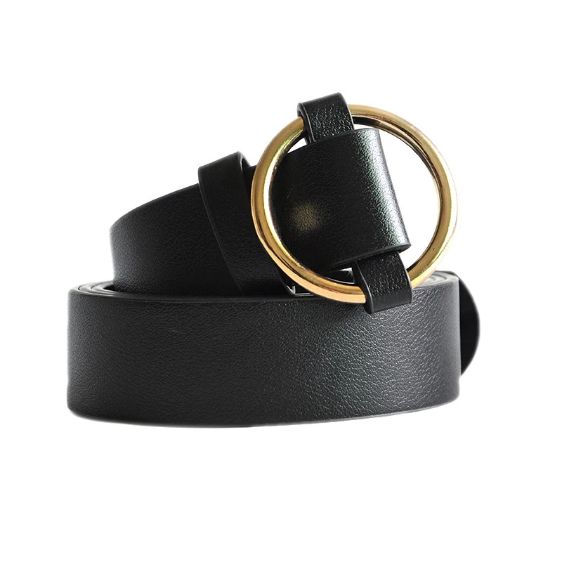 

HOT Gold Round buckle belts female leisure Jeans wild belt No Pin metal buckle brown leather black strap belt women