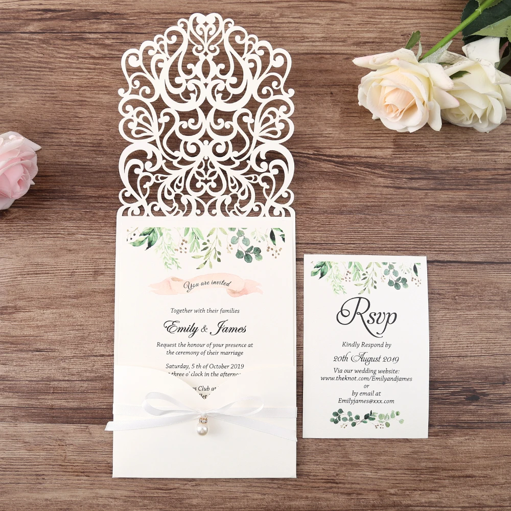 

50pcs White New Arrival Horizontal Laser Cut Wedding Invitations with RSVP card,pearl ribbon,Customizable