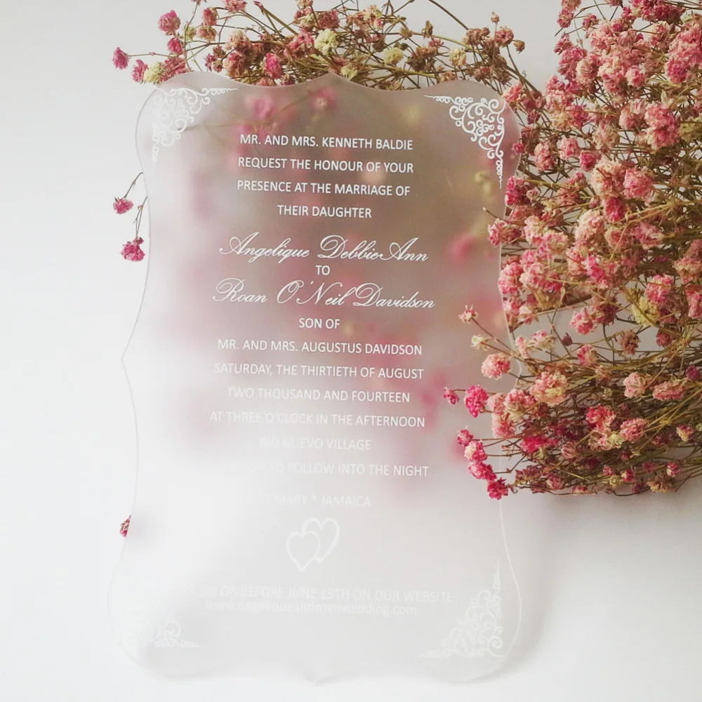  Customized 100pcs per lot 5*7inch Frosted scroll shape acrylic wedding invitation card - 32439834434