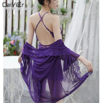 

Caiyier New Sexy Sleepwear Robes Silk Satin Lace Nightgown V-Neck Backless 3Pcs Lingerie Set Summer Women Nightdress Robe Set