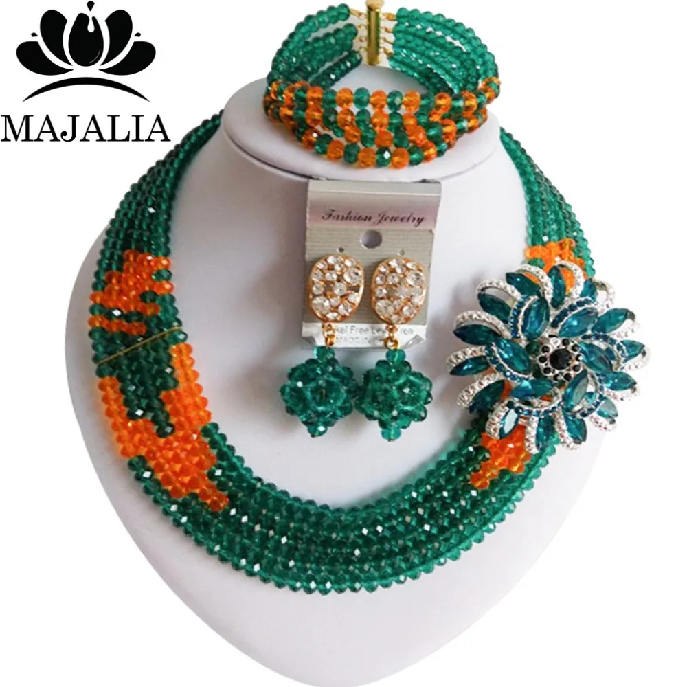

Trendy Nigeria Wedding Army Green african beads jewelry set crystal necklace bracelet earrings Free shipping Majalia-069