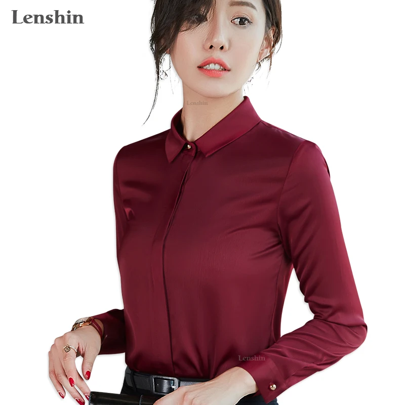 

Lenshin New Fabric High-quality Cover Button Soft and omfortable Shirt for Women Blouse Tops Long Sleeve Office Lady Work Wear