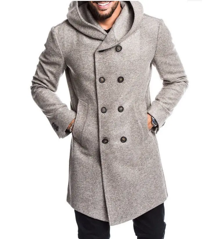Стиль Модный популярный зимний теплый мужской однотонный шерстяной Повседневный Тренч на пуговицах с карманом в британском стиле длинное пальто - Цвет: Серый