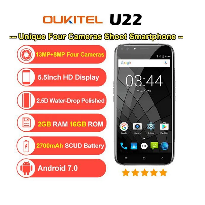 Original OUKITEL U22 Android 7.0 Smartphone MTK6580A Quad Core Cell phone 2GB RAM 16GB ROM Four Camera Fingerprint Mobile Phone|cell phones|mobile