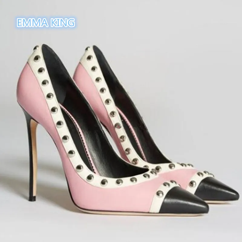 

Stylish Design Rivets Decorated Sexy Women Pumps Pink White Patchwork Stilettos Ladies Shoes Pointed Toe Shallow High Heel Pumps