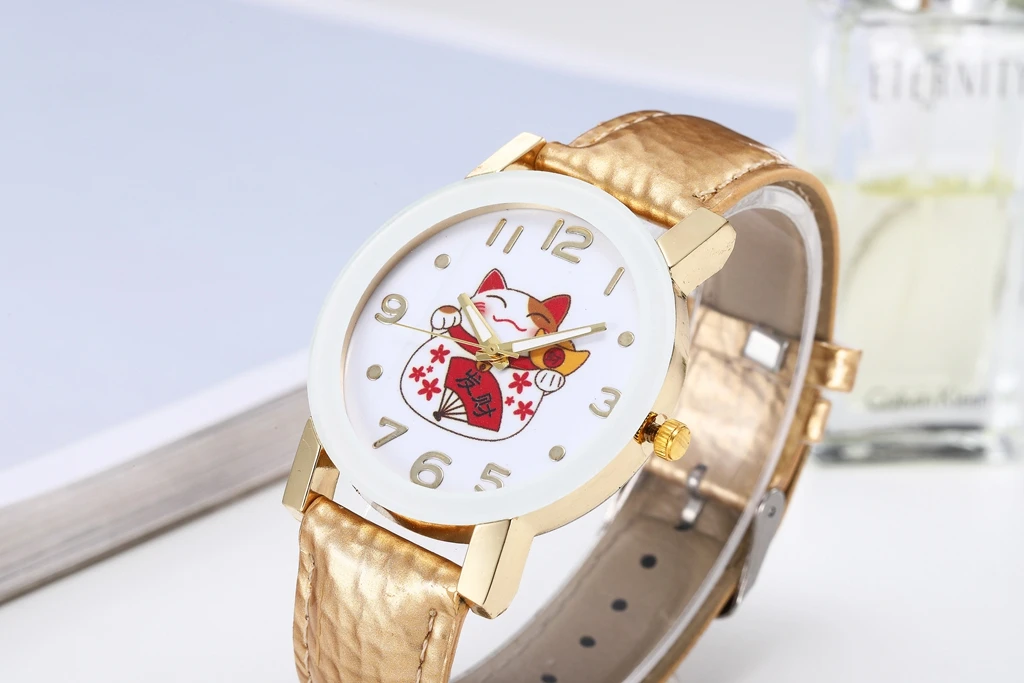 Chinese Style Women Watches Cute Cartoon Lucky Cat Pattern Leather Strap Wrist Watches for Women Quartz Watch Relojes Para Mujer