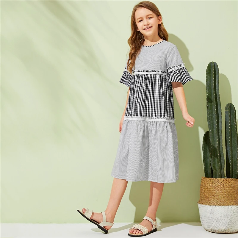 SHEIN Kiddie/Платье-туника в мелкую клетку и полоску для девочек г., Летние Повседневные платья-миди с оборками, рукав-Волан
