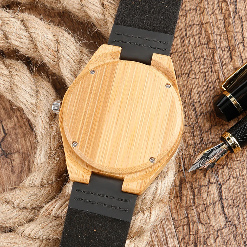 Minimalist Wrist Watch Men Handmade Bamboo Wood Clock Sport Creative Bangle Black Genuine Leather Band Strap Modern Style Gift (1)