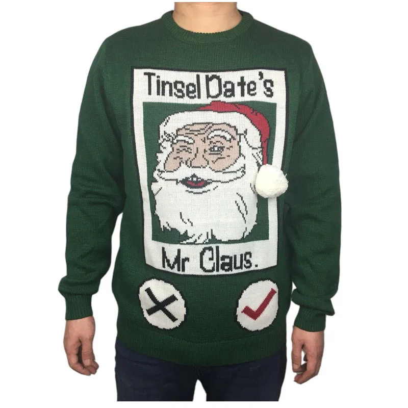 Забавный вязаный Уродливый Рождественский свитер для мужчин, милые мужские зеленые Уродливые Рождественские Свитера, праздничный пуловер Санта-Клауса, джемпер большого размера, S-2XL