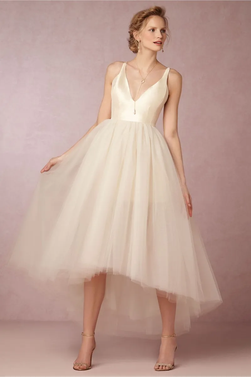 High Low Wedding Dresses Tea Length Sleeveless Bride Gowns