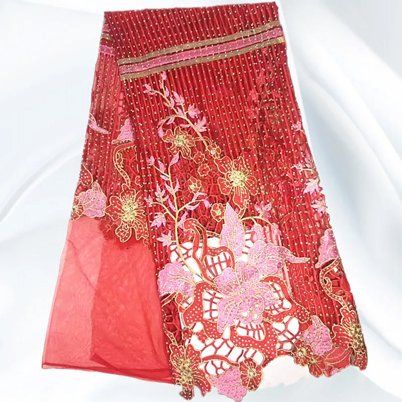 DNS52 High Qaulity Latest French Net Lace Fabric With Stones Popular Hollow African Guipure Tulle For Wedding | Дом и сад