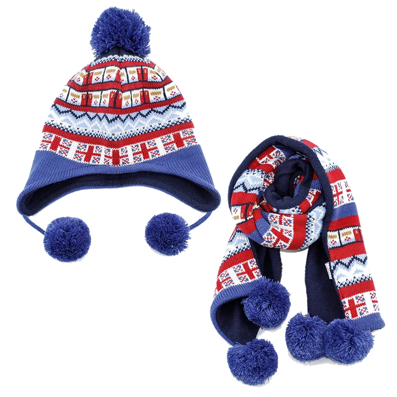 Kid Winter Hat Scarf Set Earflap Beanie Acrylic Knit Fleece Autumn Warm Pompon Dobby Boys Skiing Outdoor Accessory (8)