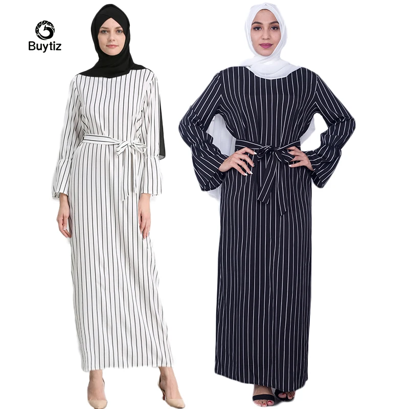 

Buytiz White Black Striped Dress Sleeve Abaya Vestidos Long Robe Gowns Muslim Kimono Middle East Ramadan Arab Islamic Clothing