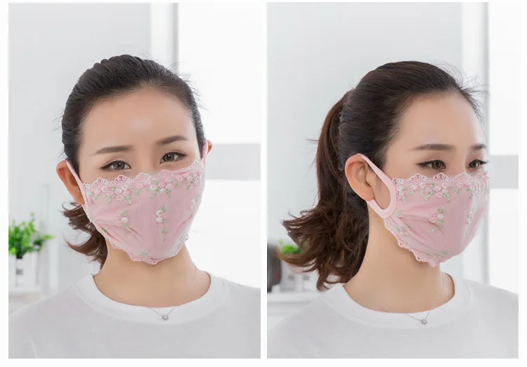 Женская Солнцезащитная маска с цветочным принтом, имитация шелка, PM 2,5, дышащая вышивка, хлопковая подкладка, кружевная маскарадная кружевная маска
