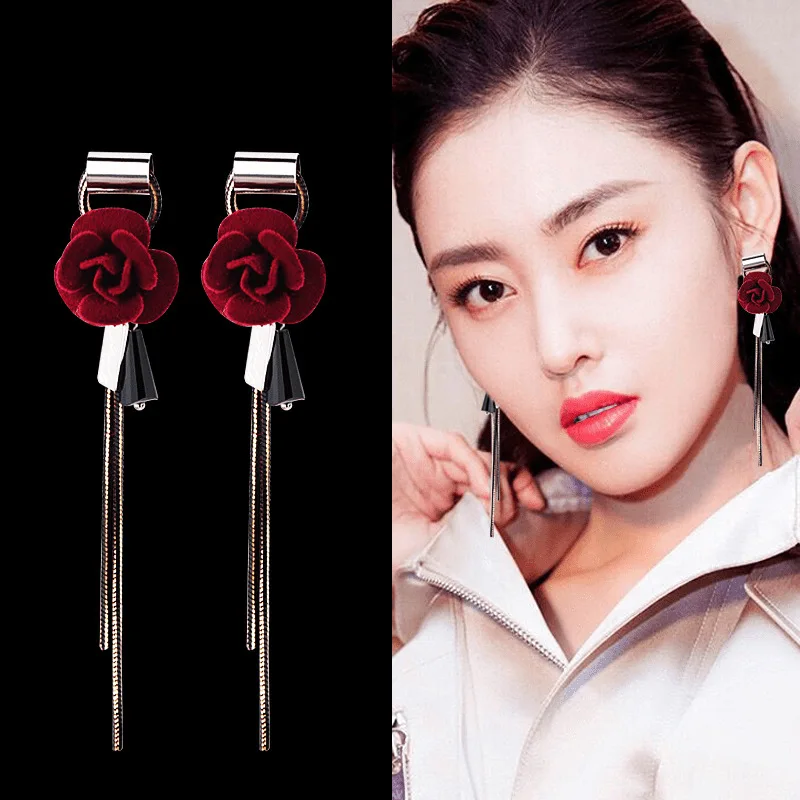 

New Trend Atmospheric Cloth Art Restoring Ancient Tassels Eardrop Long Rose Earrings For Women Presents