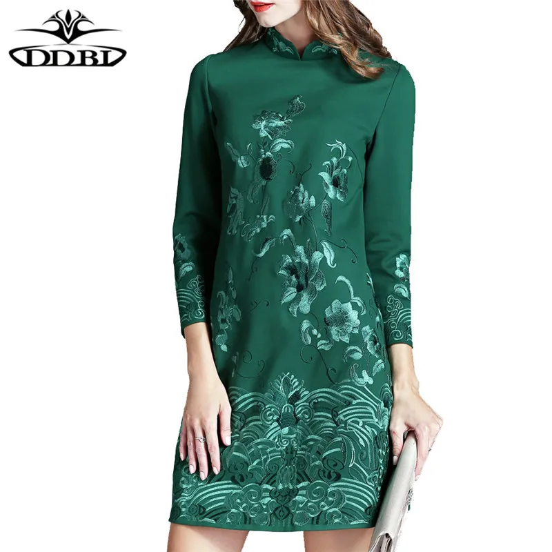 plus size women clothing large size dresses 40s 50s dresses green and red embroidery cheongsam dress 170824