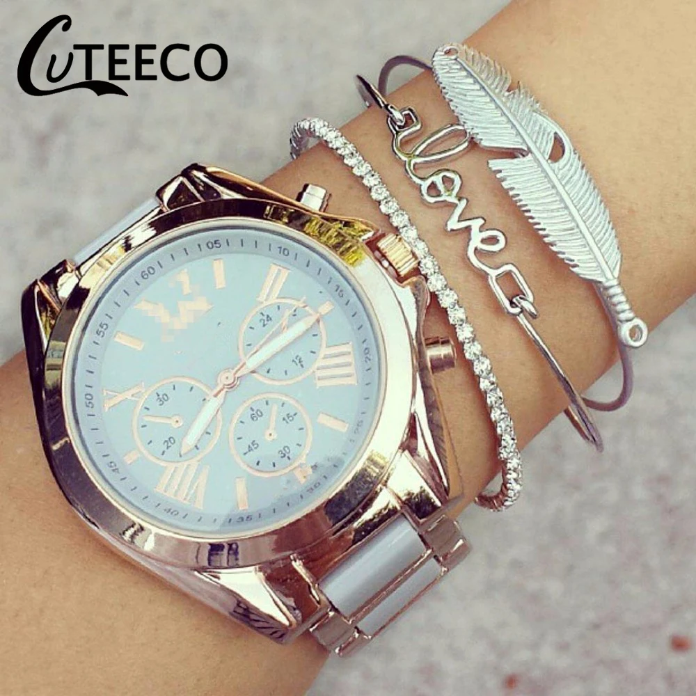 

CUTEECO 2018 New Fashion Brand Jewelry Feather Cuff Bracelets Crystal Love Bangle Set For Women Girl Gifts