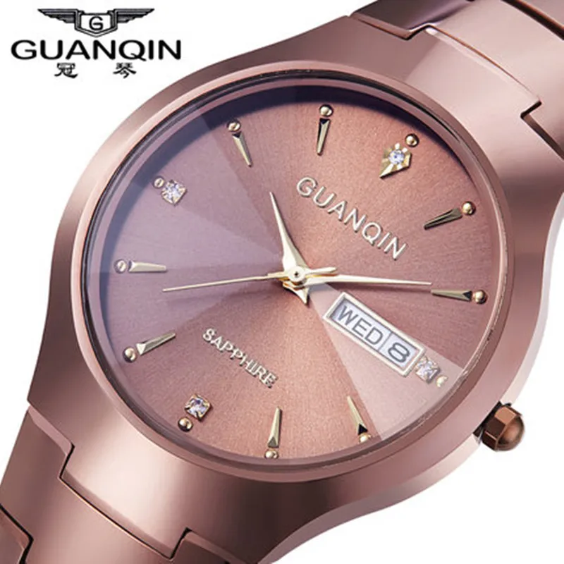 Бренд GUANQIN часы для мужчин вольфрамовый стальной ремешок мужские часы 30 м Водонепроницаемый Кристалл Кварцевые часы наручные часы - Цвет: gold gold