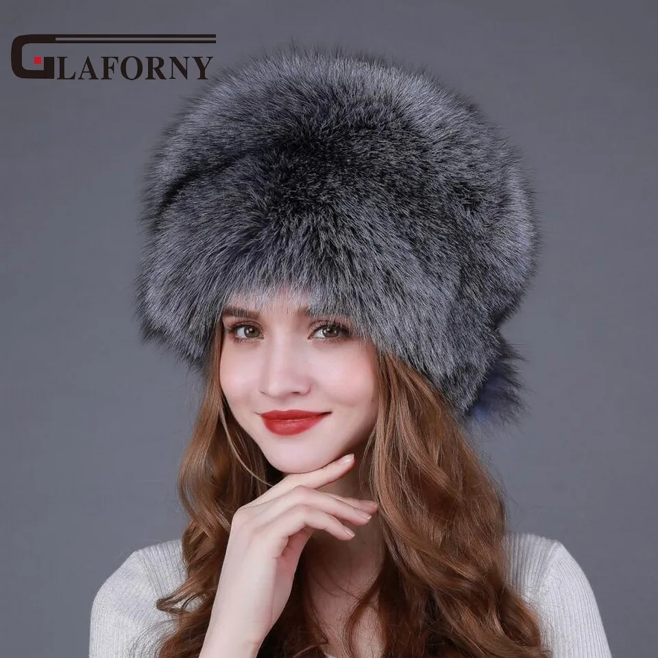 Glaforny 2018 модные шапки из меха серебристой лисы женские зимние лисьего