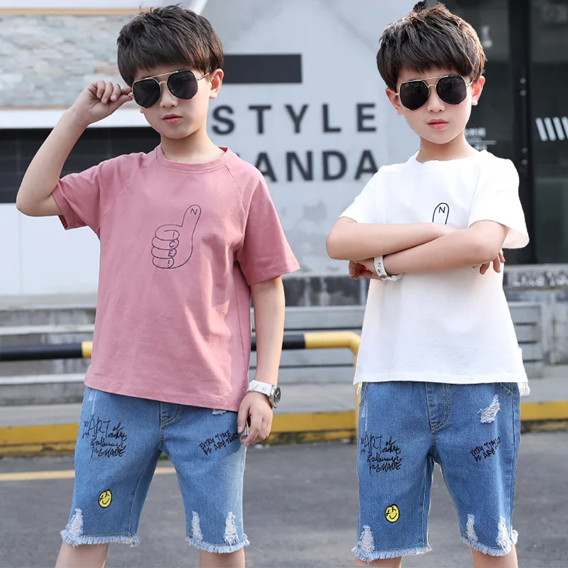 

Kids Boys Clothing Set Summer Cotton Clothes Fashion White/pink Shirts + Jeans Pants 2 Pcs Children Sports Suit Toddler Clothes
