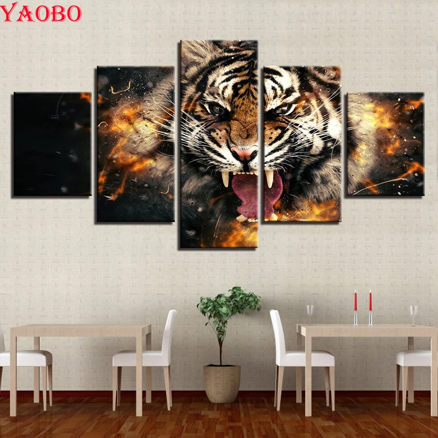 5d diy diamond painting accessoires 5 pcs Roaring Tiger Animal full square mosaic puzzle picture of rhinestones embroidery beads | Дом и сад